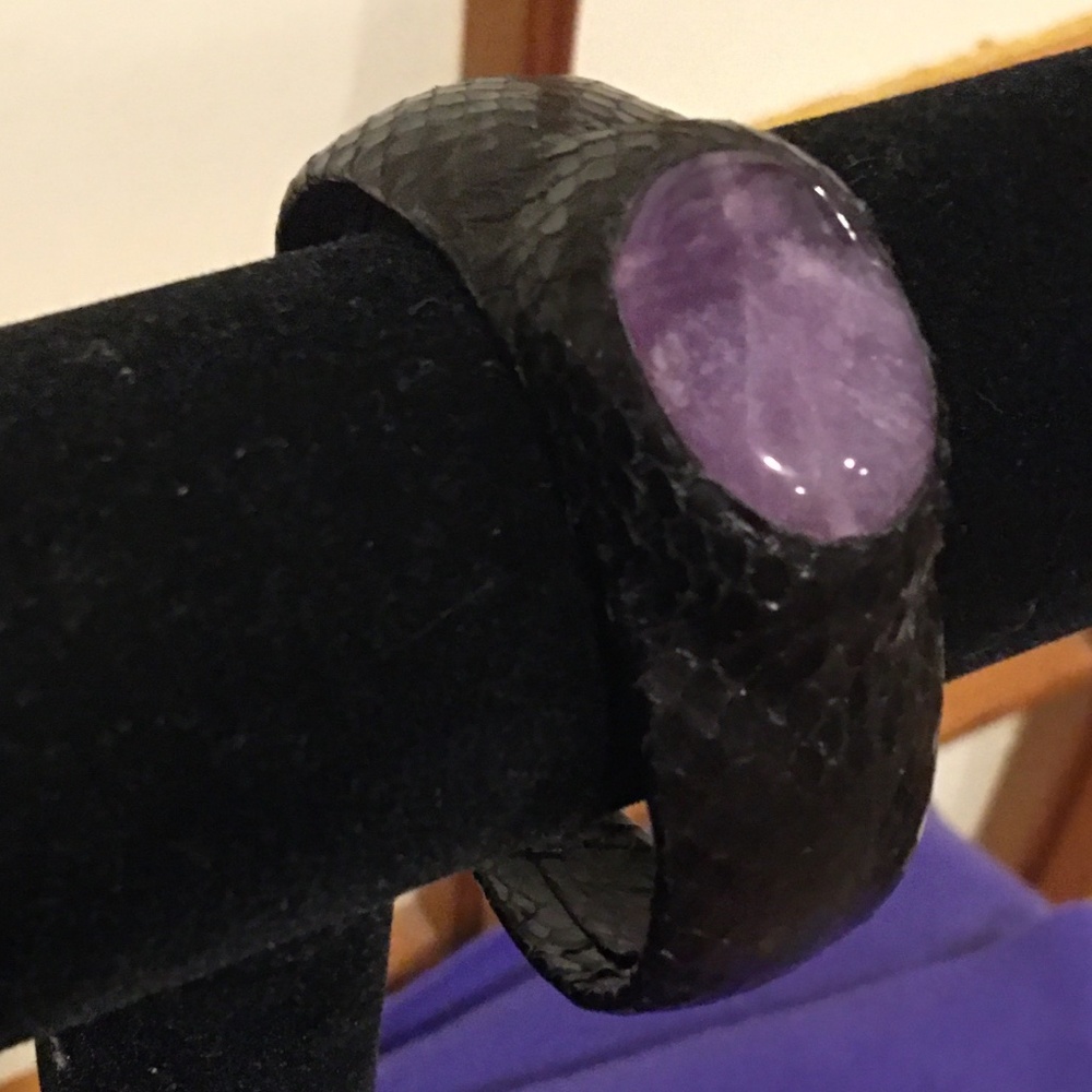 REDUCED! Amethyst and Black Eel skin Cuff Bracelet - Statement Piece - excellent